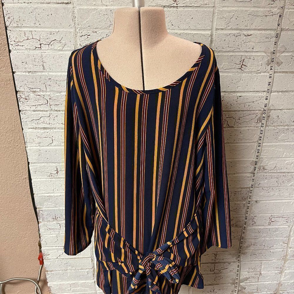 Bonded Striped Tie Front Blouse Blue Mustard Large